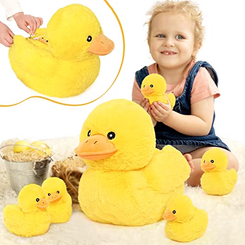 MorisMos Peluche de Patos Amarillos XXL con 5 Bebés en el Vientre, 40 cm, Pato de Peluche Suave, Regalo para Niños Pequeños