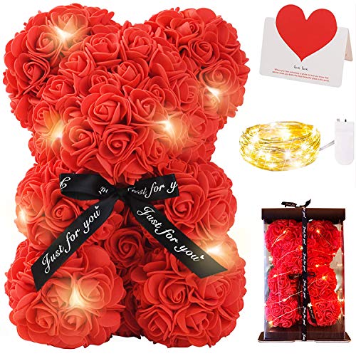 Zodight Oso de Peluche Rojo con Caja Regalo + Cadena de Luz + Tarjetas felicitacion, Rosa Artificial, para Madres/Novia/San Valentín/Cumpleaños/Bodas/Graduación/Aniversarios